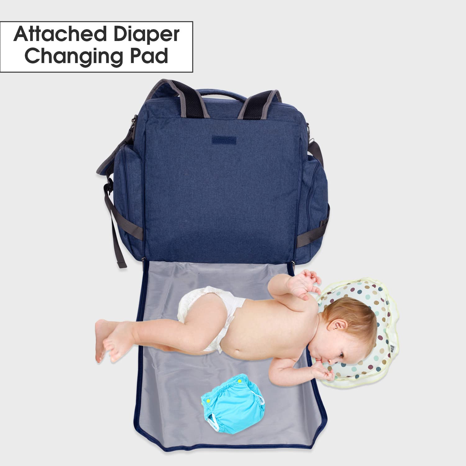Practical and stylish blue diaper bag for mothers, designed for easy organization of baby essentials on the go. www.usmile.toys